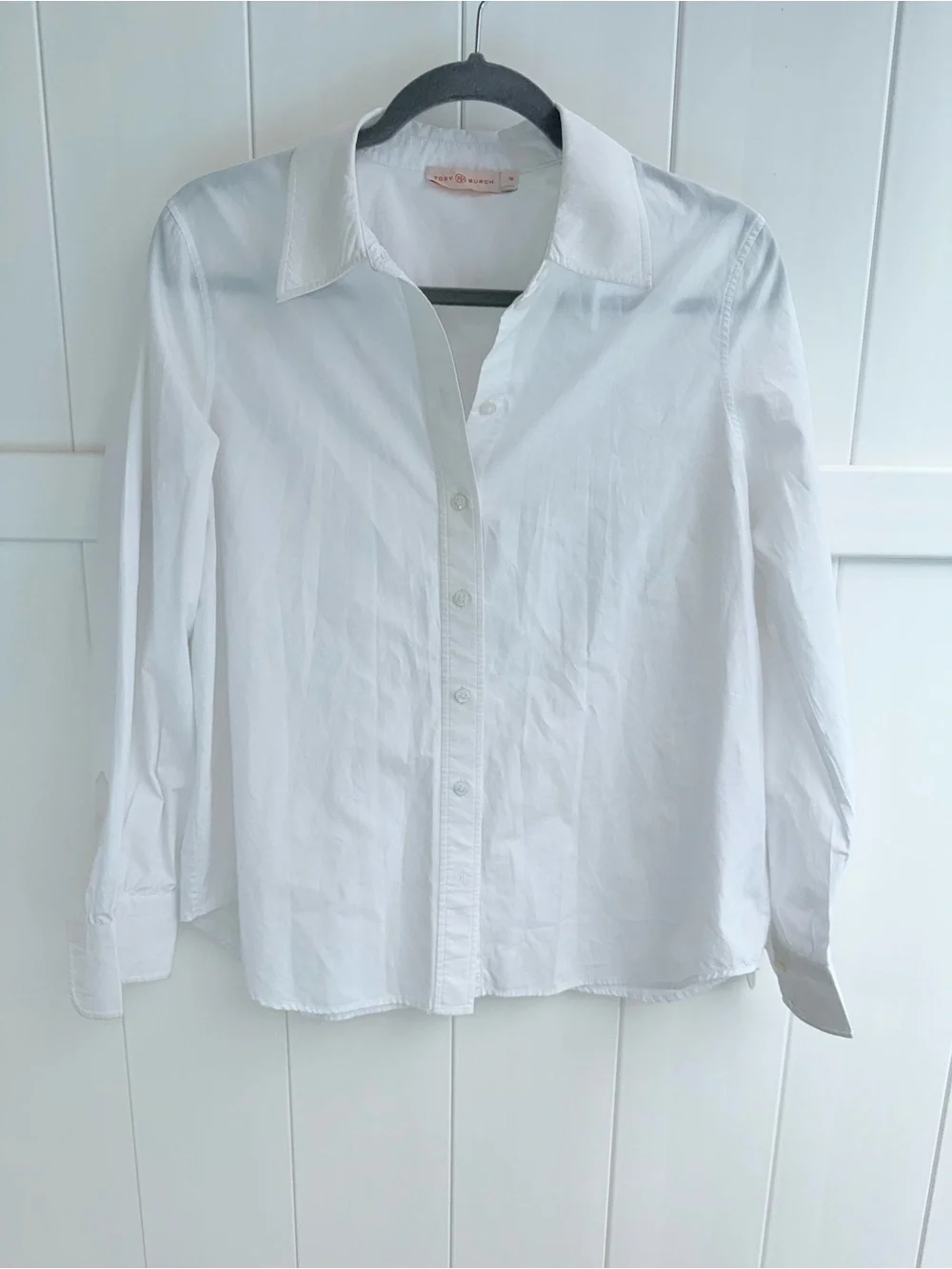 Tory Burch White Collared Button Down Shirt with Orange Logo Tag